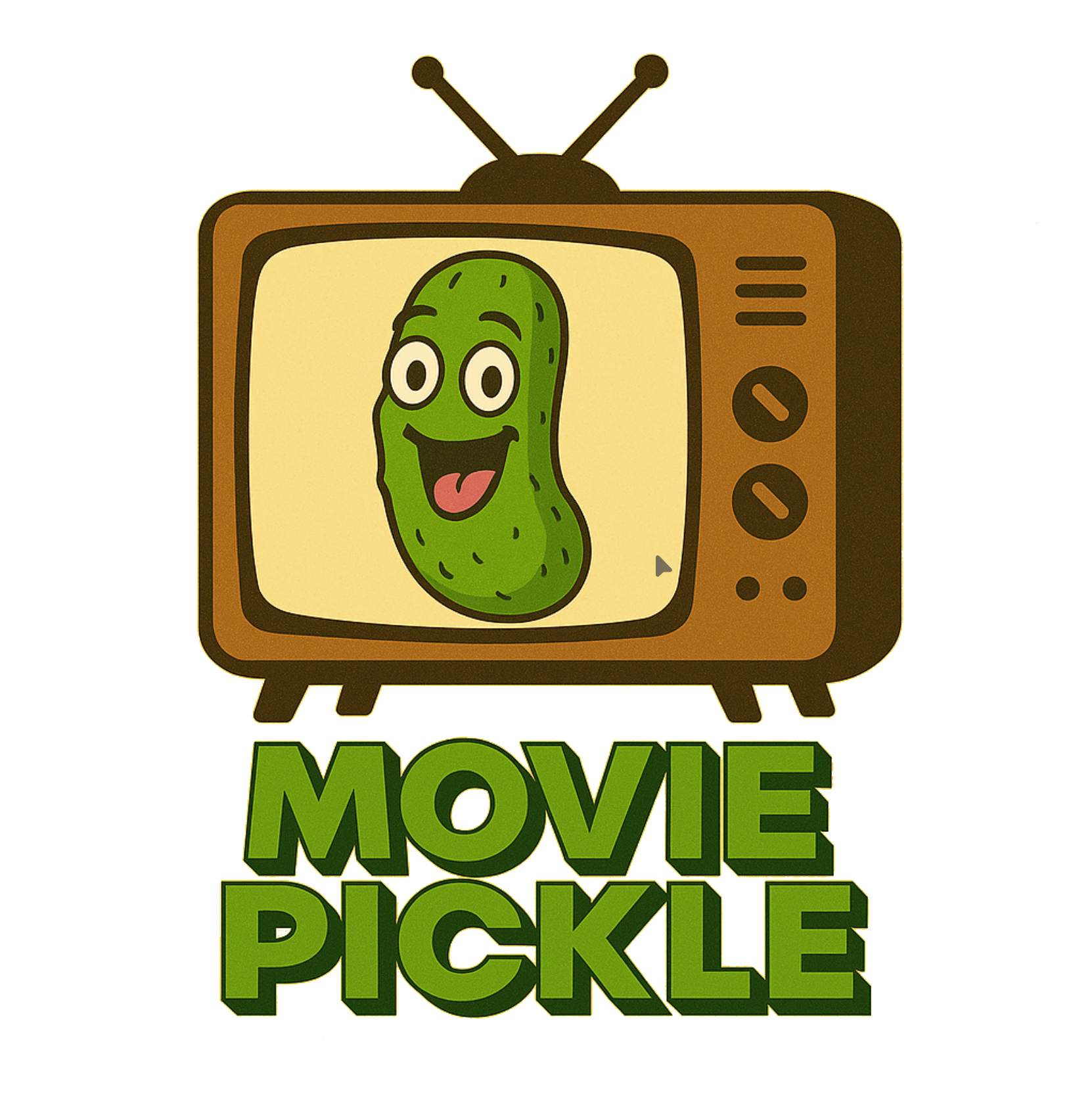 Movie pickle logo with retro 
    tv screen with a cute pickle inside.